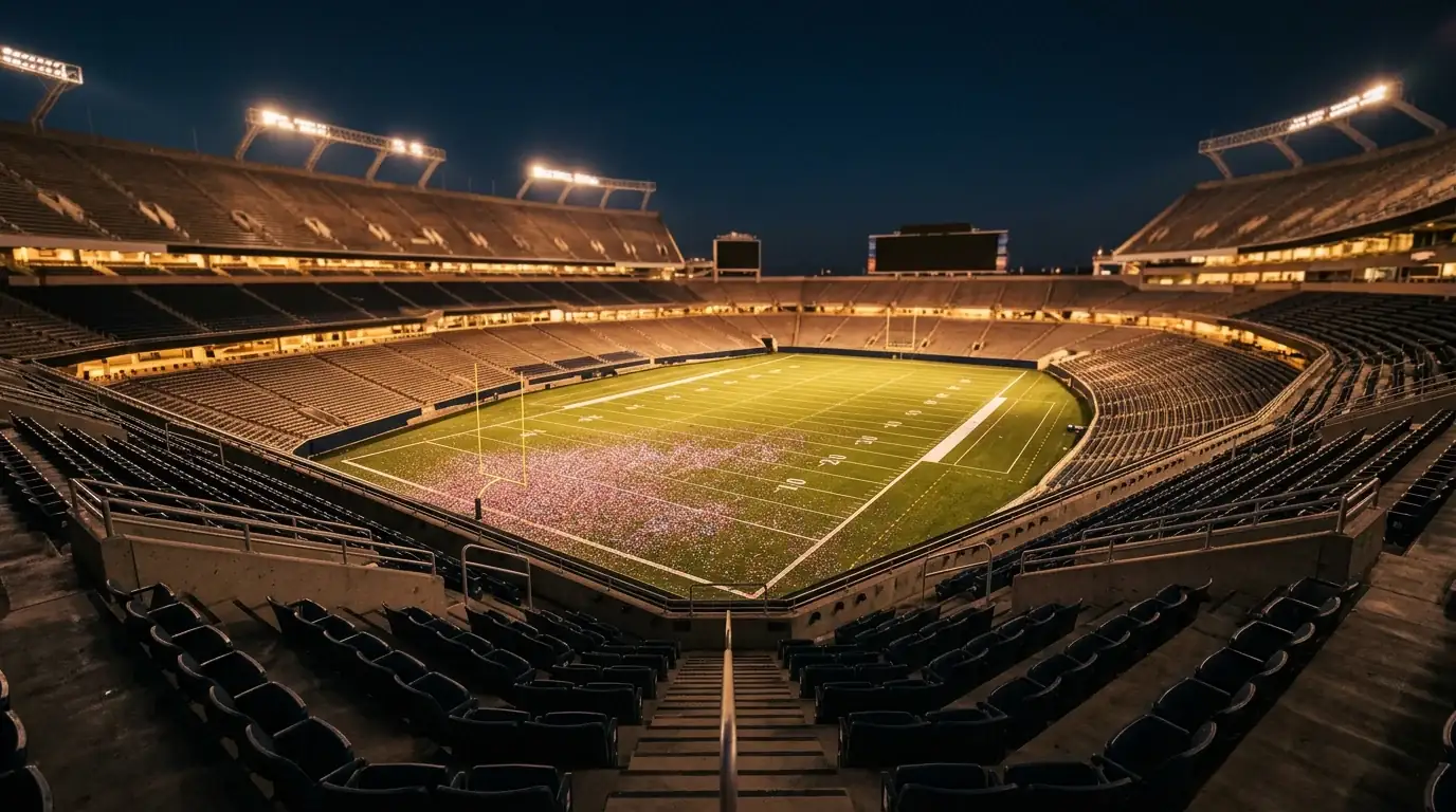 Vista nocturna de un estadio de bowl game iluminado con confeti tras un partido del College Football Playoff