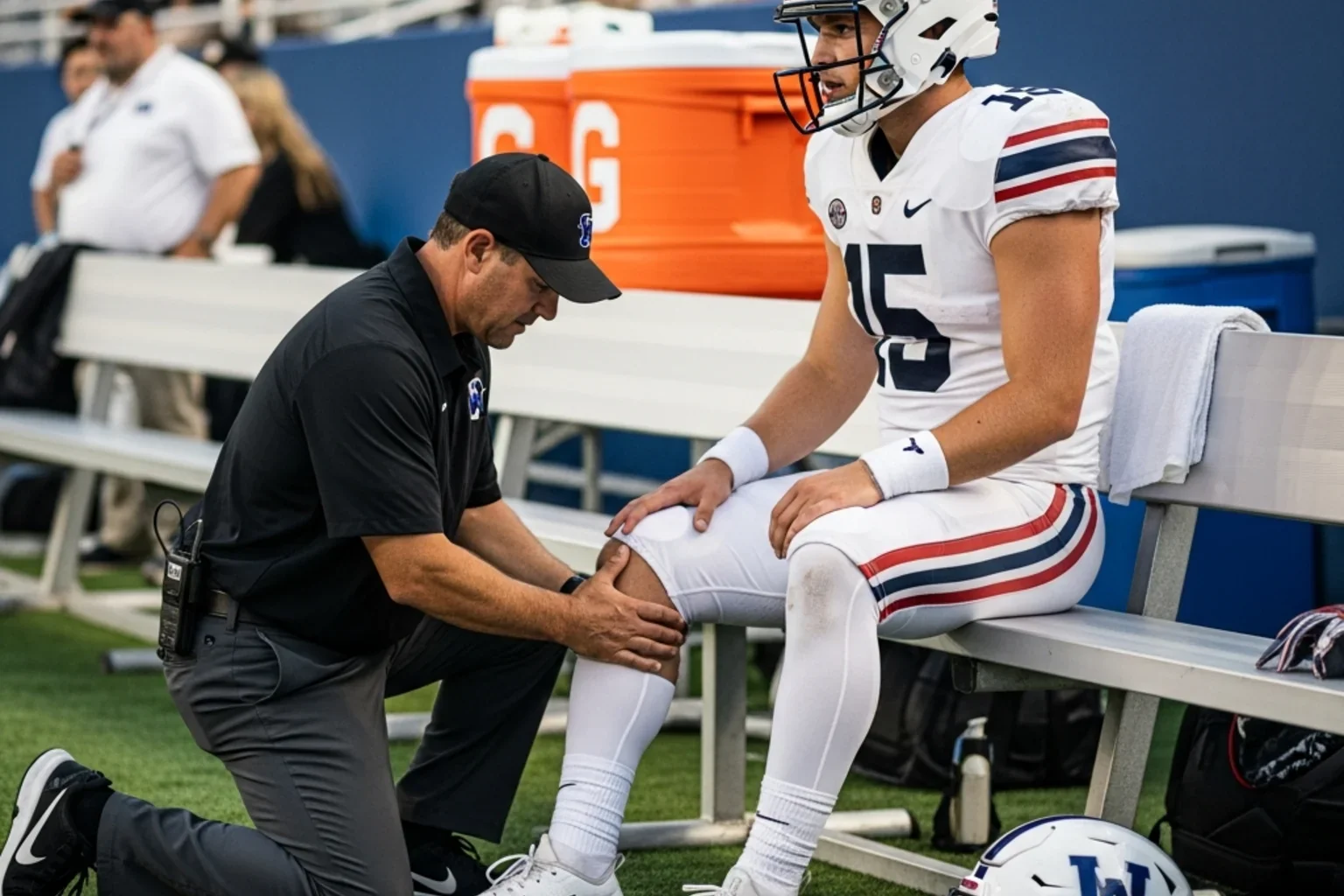 Reporte de práctica NCAA con quarterback titular ausente y backup en posición principal