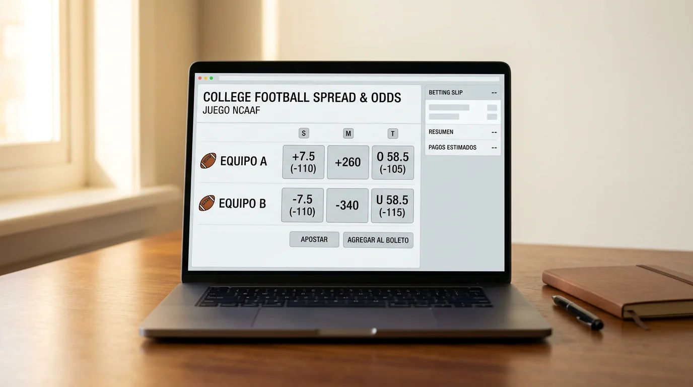 Pantalla de portátil mostrando una línea de spread NCAAF con diferencial y cuota